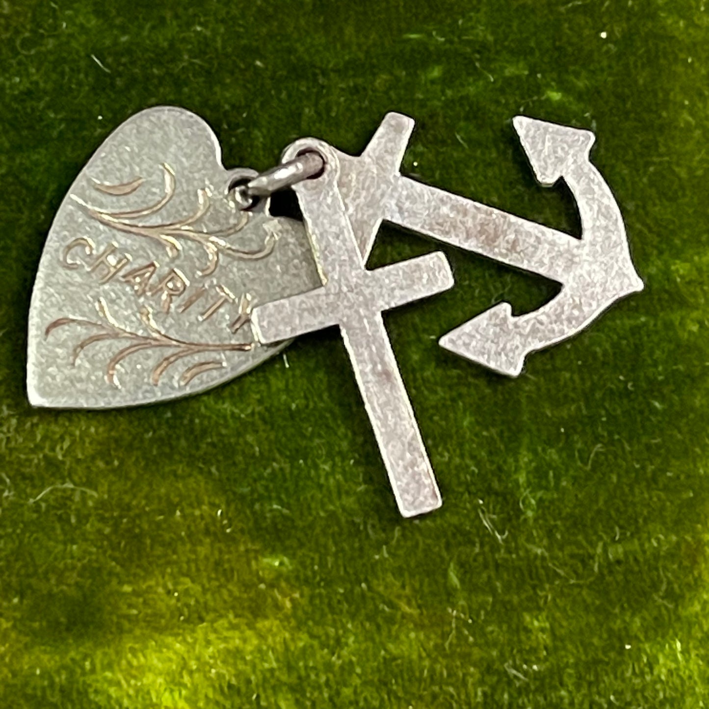 Vintage Sterling Silver Hope Faith Charity Heart Cross Anchor Charm Pendant