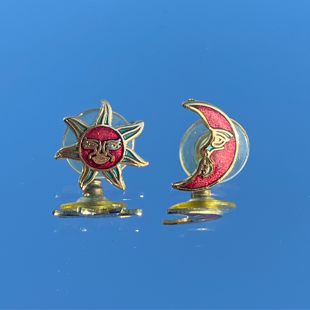 Vintage Red Cloisonné Celestial Stud Earrings