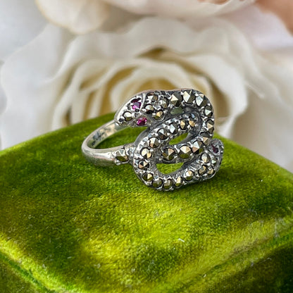 Unreleased: Art Deco Sterling Silver Ruby Eye Marcasite Double Snake Ring K