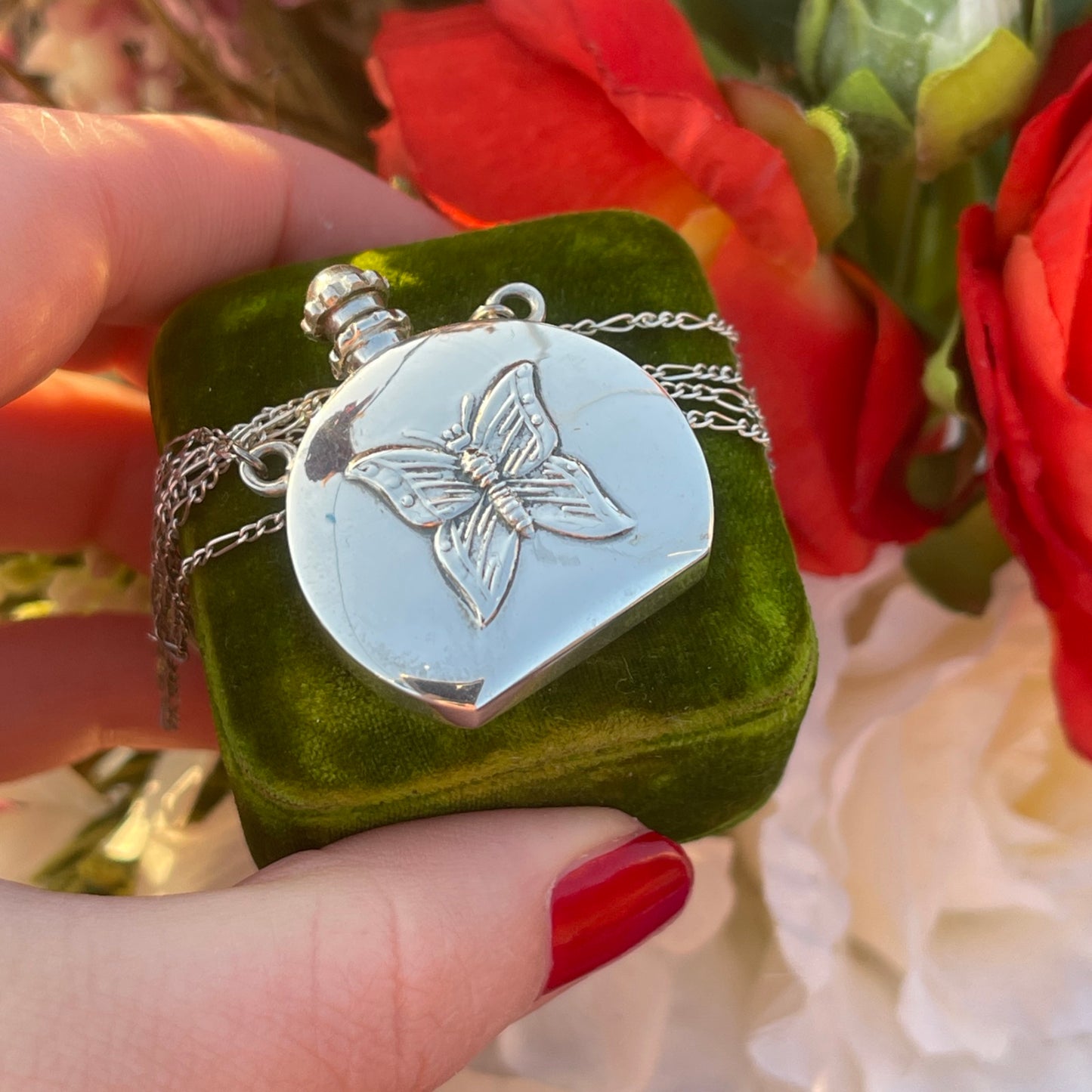 Vintage Silver Butterfly Perfume Bottle Pendant Necklace