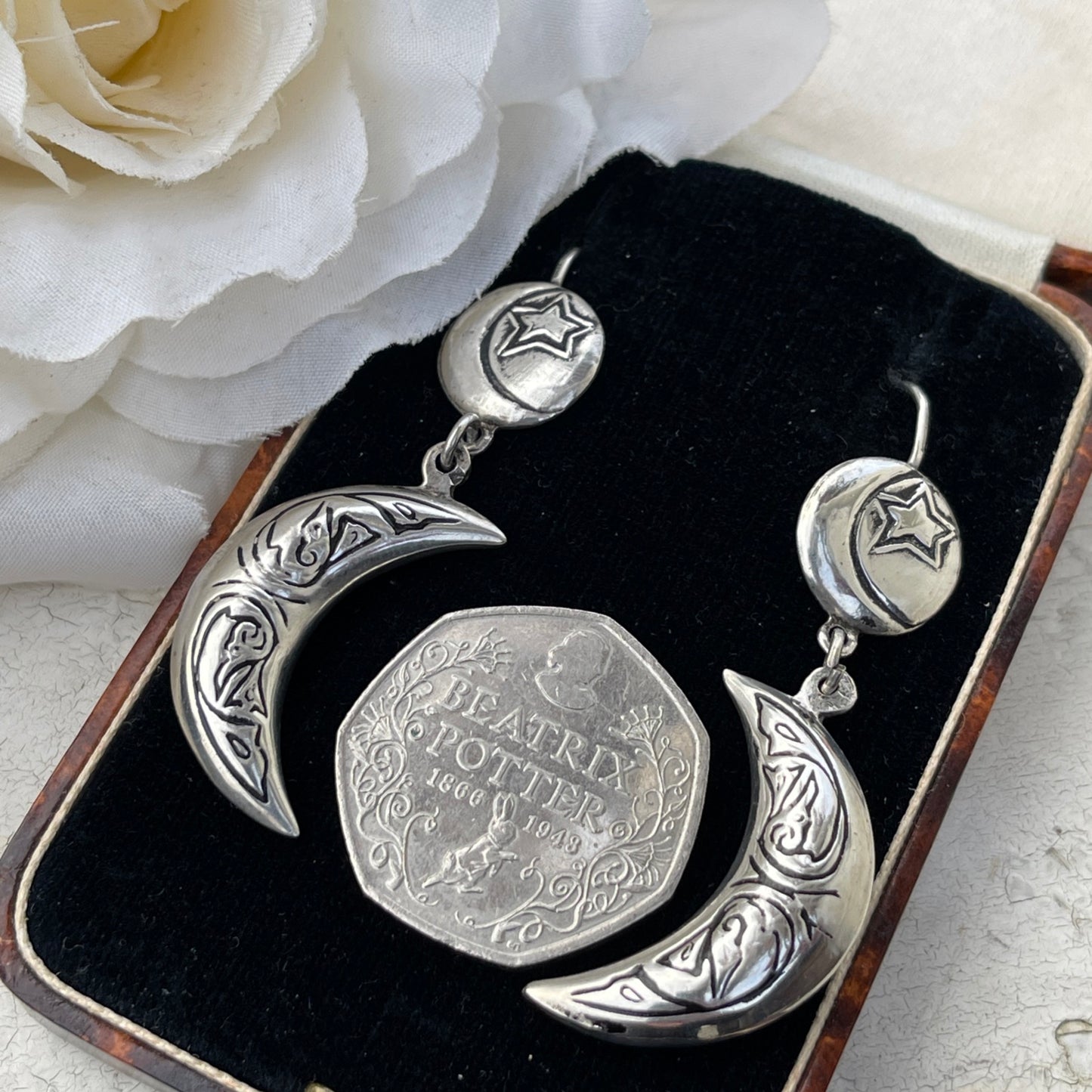 Vintage Silver Crescent Moon & Star earrings
