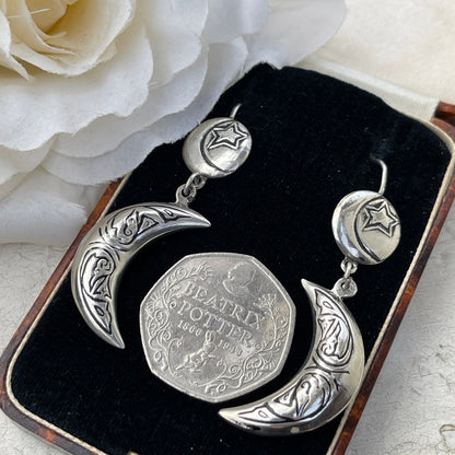 Vintage Silver Crescent Moon & Star earrings
