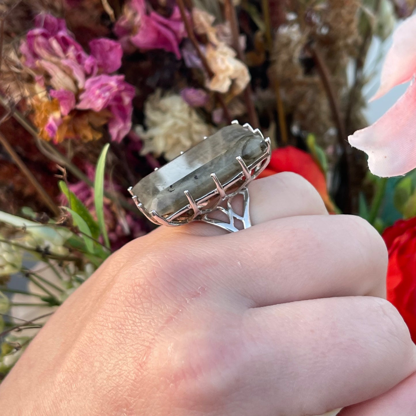 Vintage Sterling Silver Huge XXL Labradorite Ring Rectangular O-P