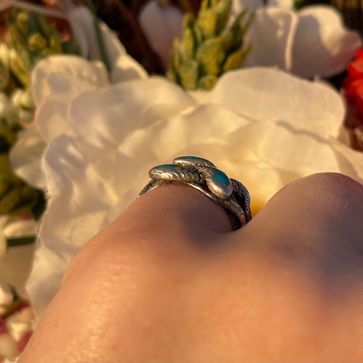 Vintage Antique Sterling Silver Turquoise triple snake ring N
