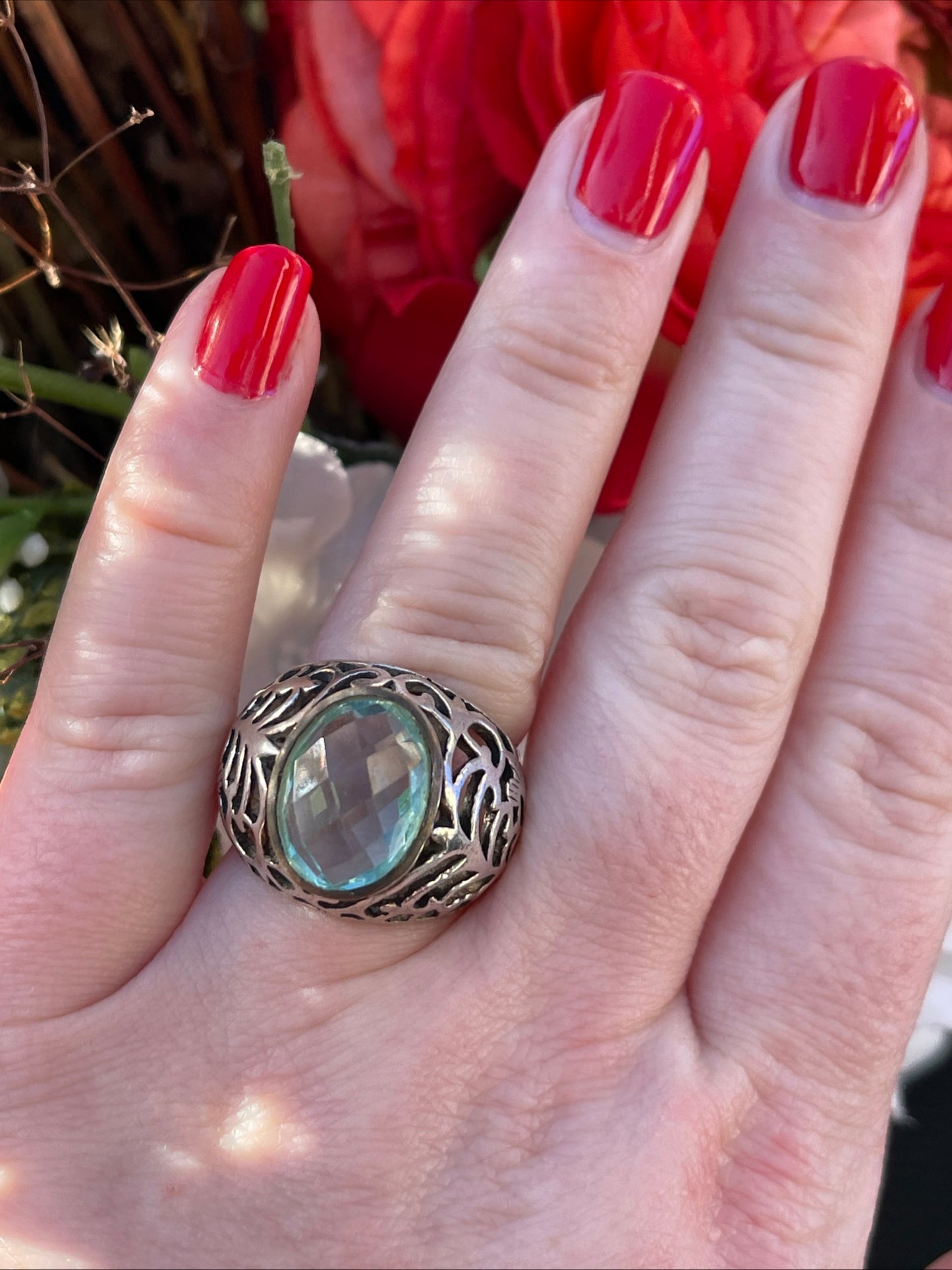 Vintage Sterling Silver Openwork Chunky Ring Blue Stone P-Q Heavy 8.7g