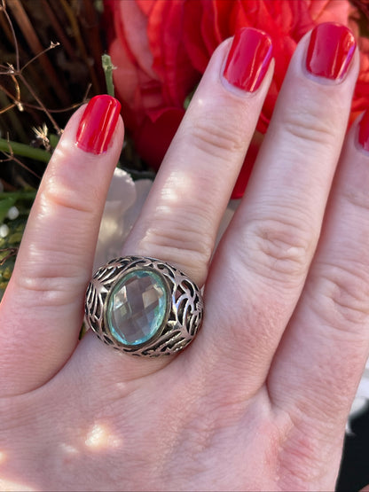 Vintage Sterling Silver Openwork Chunky Ring Blue Stone P-Q Heavy 8.7g