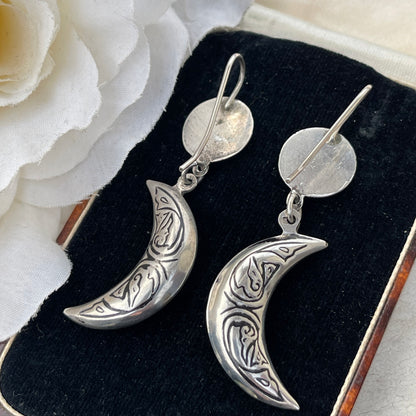 Vintage Silver Crescent Moon & Star earrings