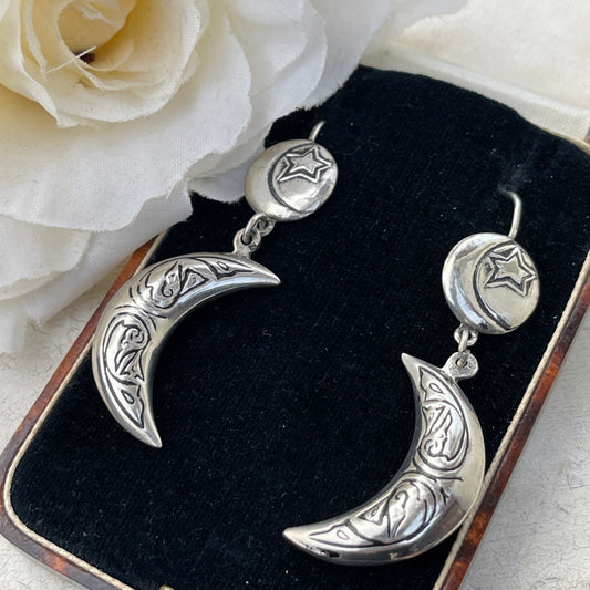 Vintage Silver Crescent Moon & Star earrings
