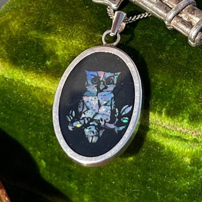 Vintage Sterling Silver Opal Mosaic Inlay Owl Pendant Necklace