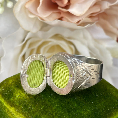 Unreleased: Vintage Sterling Silver Locket Ring Engraved Filigree Etched T