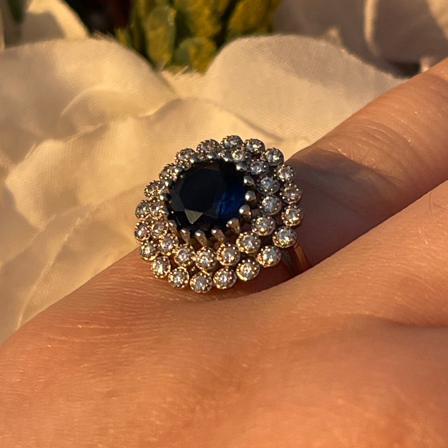 Vintage Sterling Silver 1950s Sapphire Glass Cocktail ring L
