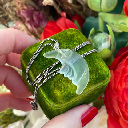 Vintage Sterling Silver Glass Moon Face Pendant Necklace