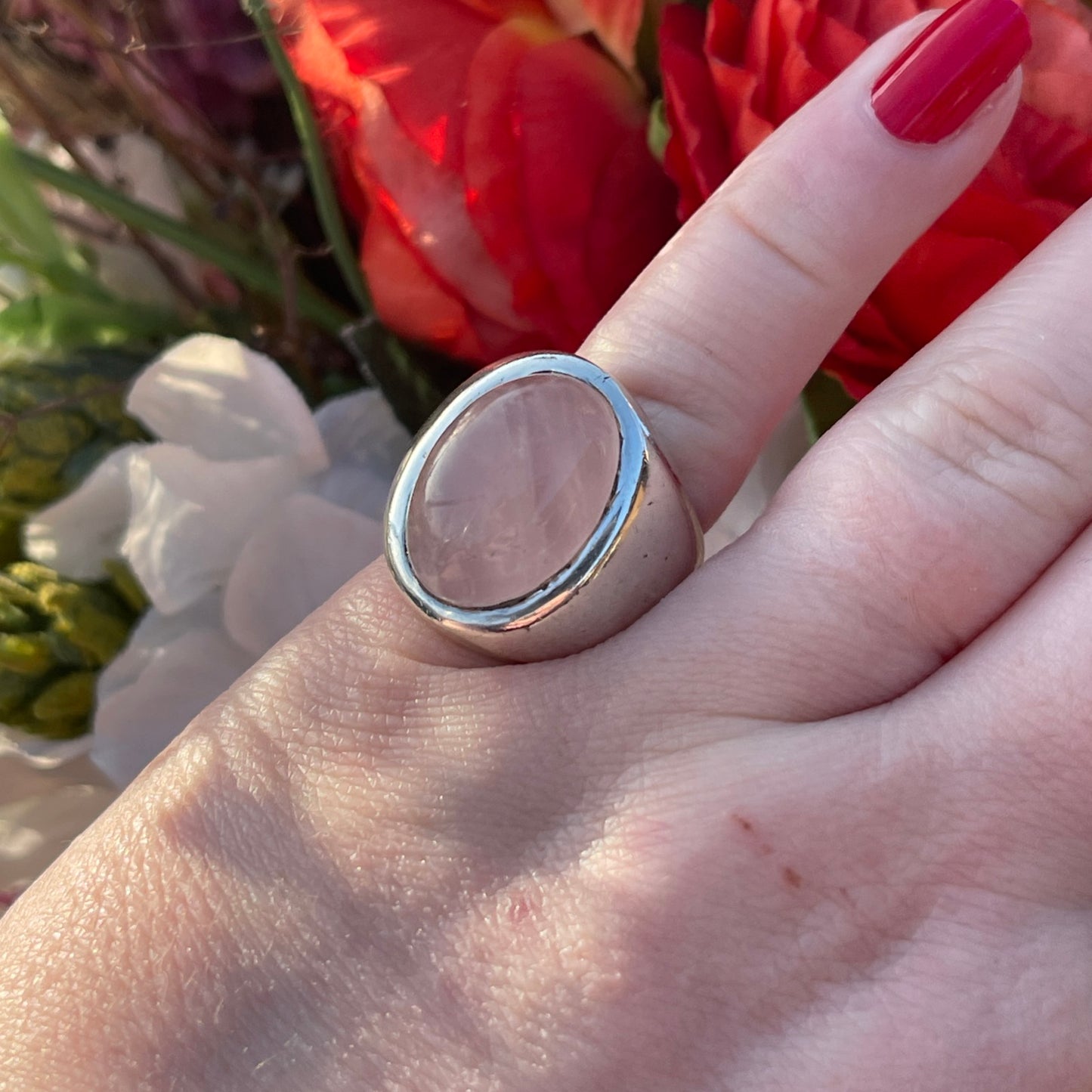 Sterling Silver Rose Quartz Cabochon Ring Statement Chunky Heavy M