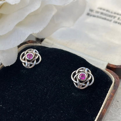 Vintage Sterling Silver Celtic Knot Ruby Stud earrings 1.8g