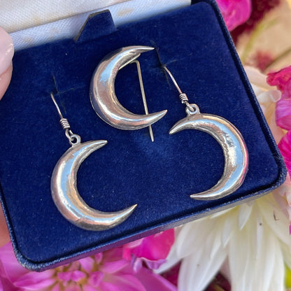 Antique Victorian Silver Moon Earrings & Brooch Set
