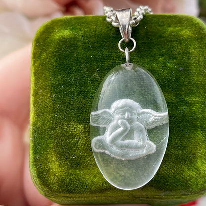 Unreleased: Sterling Silver Intaglio Angel Rock Crystal Pendant Necklace