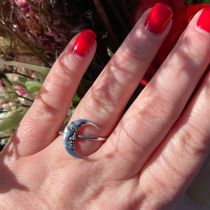 Sterling Silver Crescent Moon Face Ring Vintage Victorian Look Celestial Style S