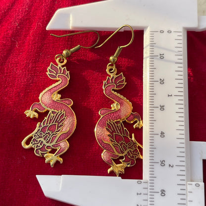 Vintage Cloisonné Mystical Red Pink Dragon Dropper Earrings
