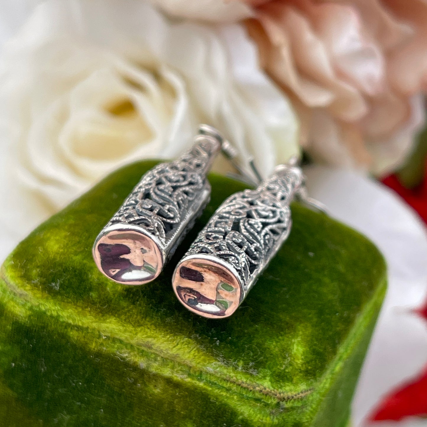 Vintage Sterling Silver Filigree Wine Bottle Drop Earrings