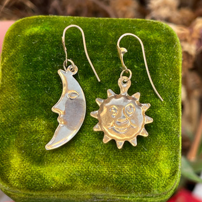 Vintage 9ct Gold Sun Moon Celestial Earrings