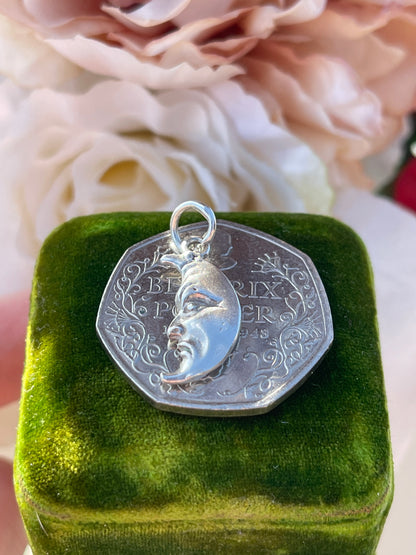 Sterling Silver Vintage Crescent Moon Face Charm Double Sided
