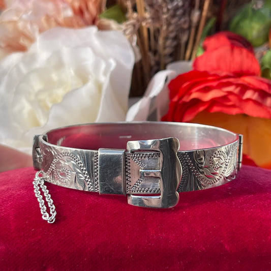 Vintage Sterling Silver Buckle Bangle Victorian Revival Irish 1979 Heavy 33g