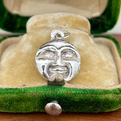 Old Vintage Sterling Silver Moon Face & Stars 3d Double Sided Charm Pendant