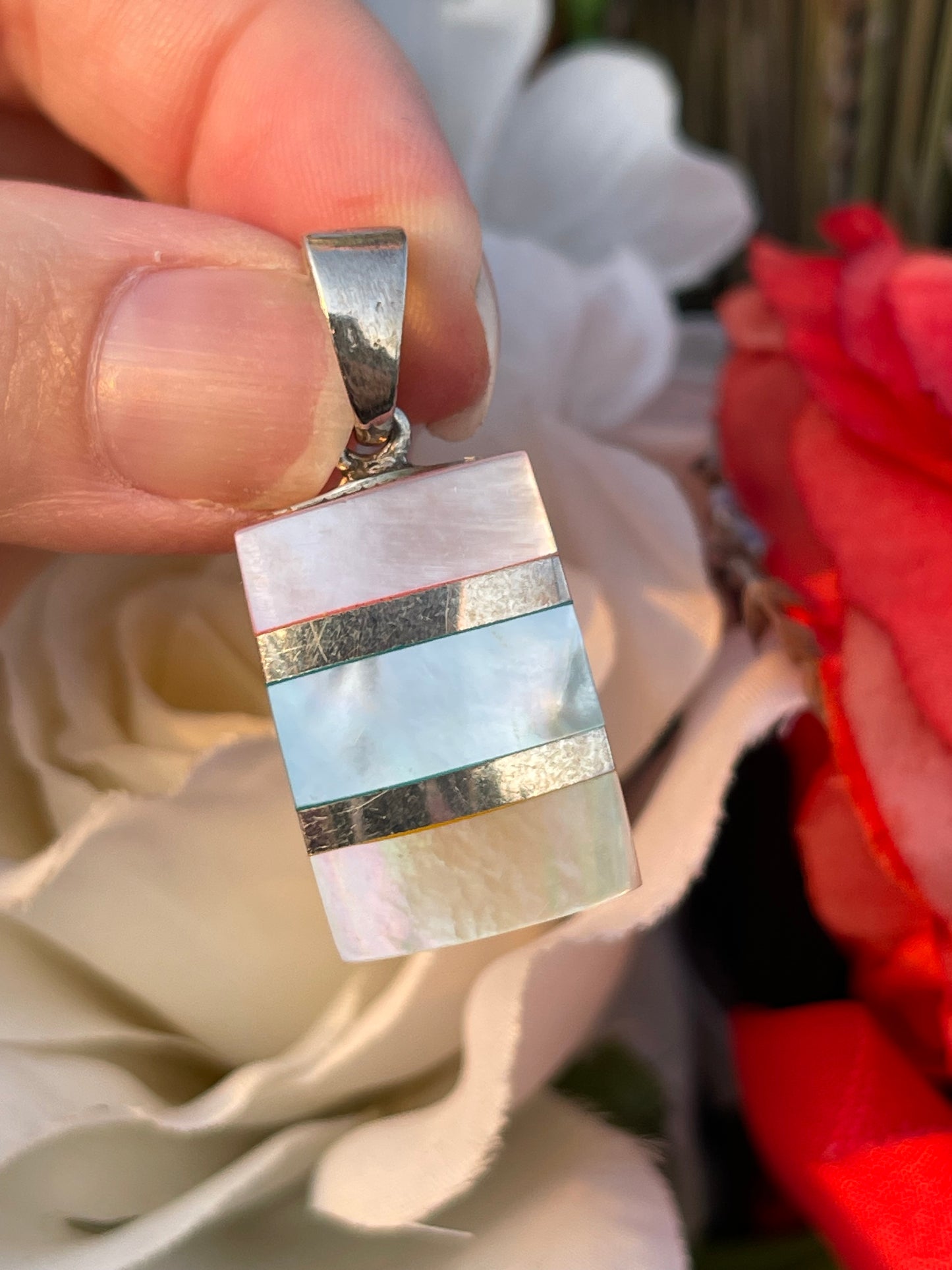 Vintage Sterling Silver Mother Of Pearl Quad Tone Ring Earrings Pendant Set
