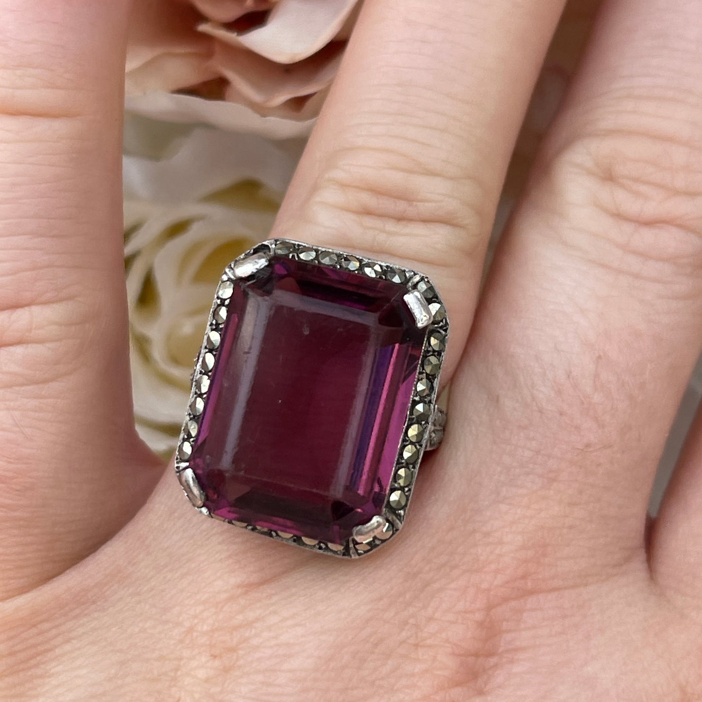 Unreleased: Art Deco Sterling Silver Huge Amethyst Cocktail Ring P