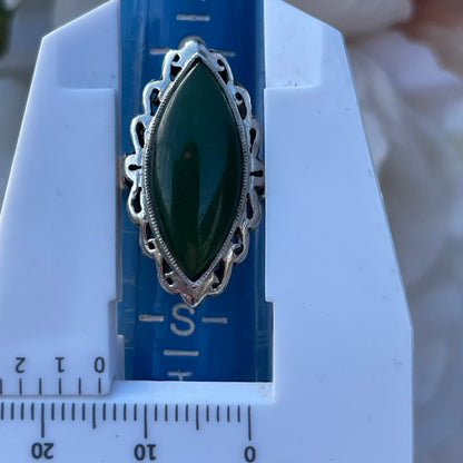 Antique Sterling Silver Large Navette Nephrite Jade Ring UK Q 5g