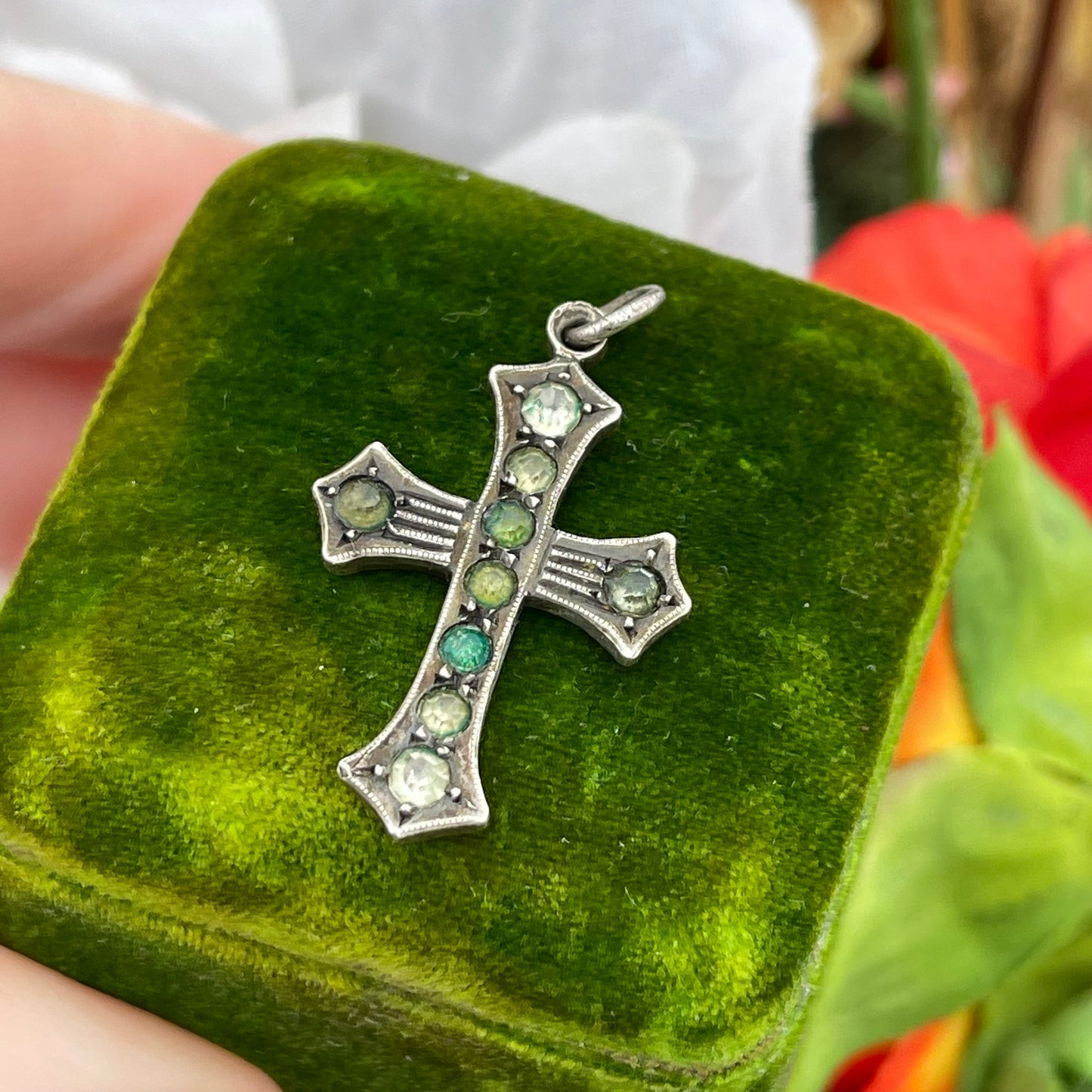 Antique Sterling Silver Cross Paste Diamonds Peridot Green Pendant