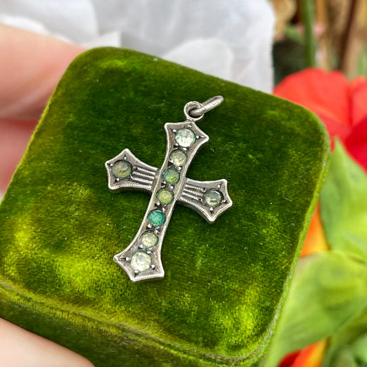 Antique Sterling Silver Cross Paste Diamonds Peridot Green Pendant