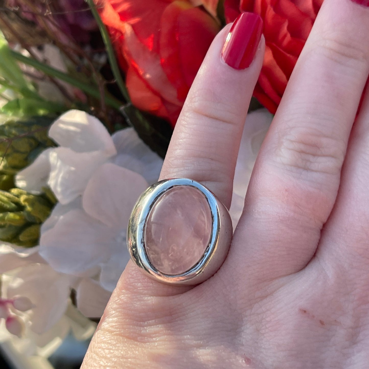 Sterling Silver Rose Quartz Cabochon Ring Statement Chunky Heavy M