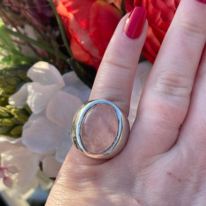 Sterling Silver Rose Quartz Cabochon Ring Statement Chunky Heavy M
