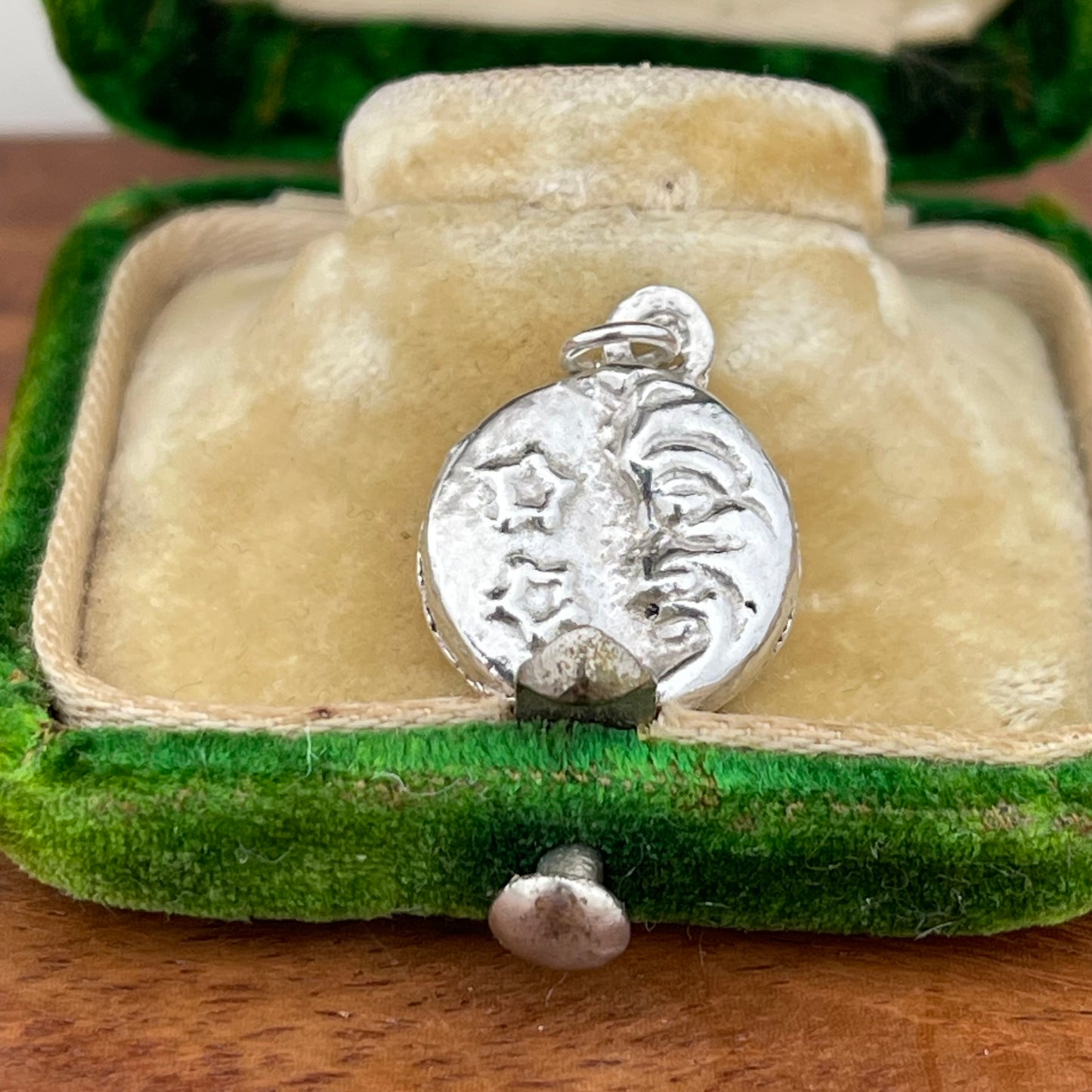 Old Vintage Sterling Silver Moon Face & Stars 3d Double Sided Charm Pendant