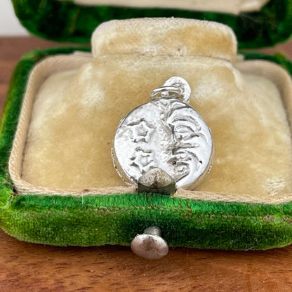 Old Vintage Sterling Silver Moon Face & Stars 3d Double Sided Charm Pendant
