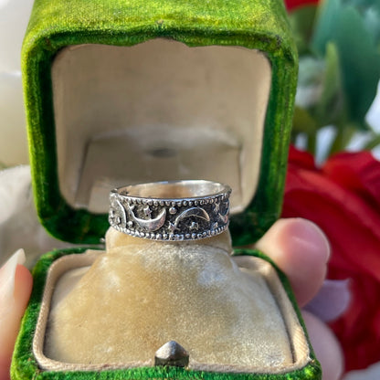 Vintage Sterling Silver Celestial Moon & Stars Ring L