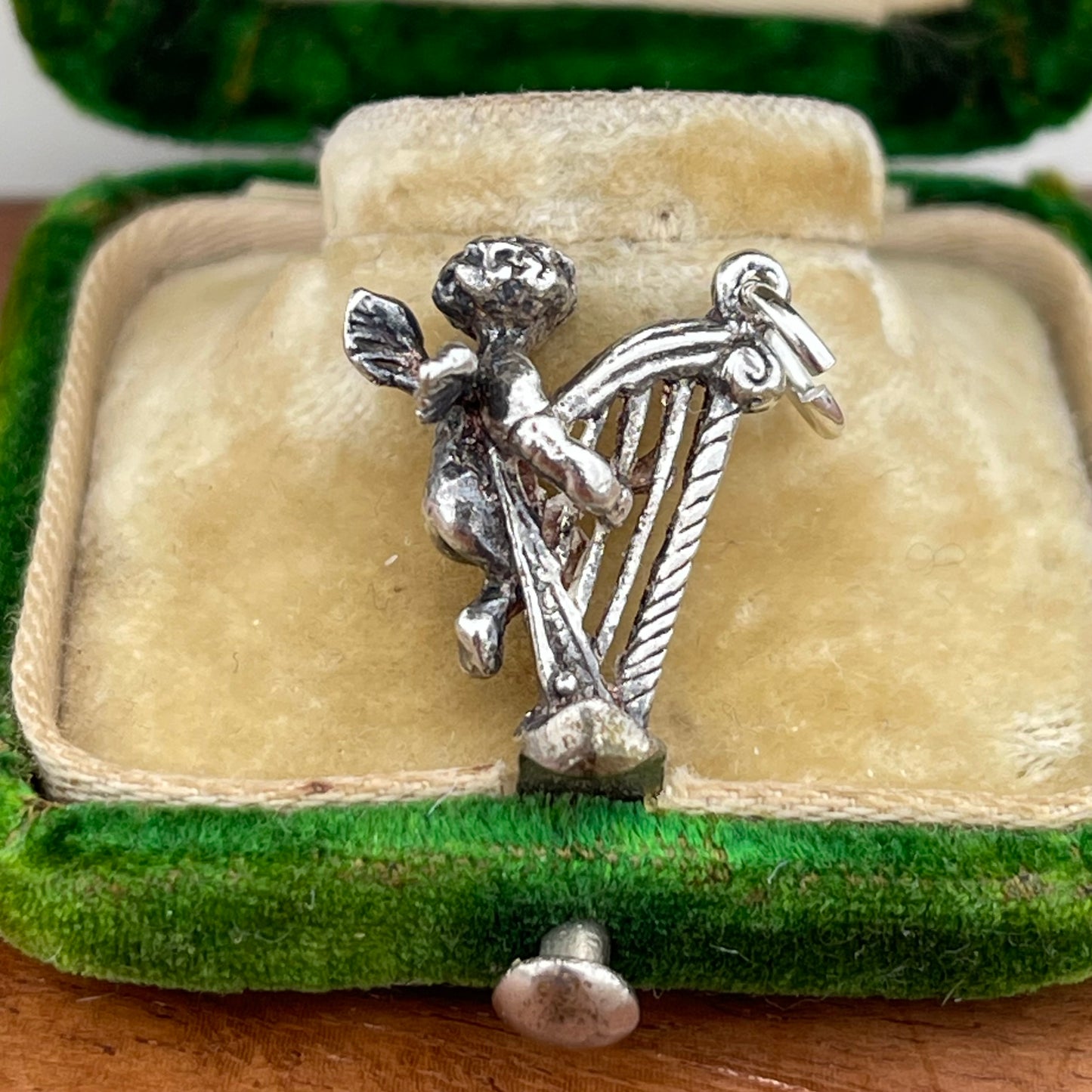 Vintage Sterling Silver Puffy Cherub Harp Charm