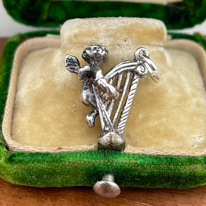 Vintage Sterling Silver Puffy Cherub Harp Charm