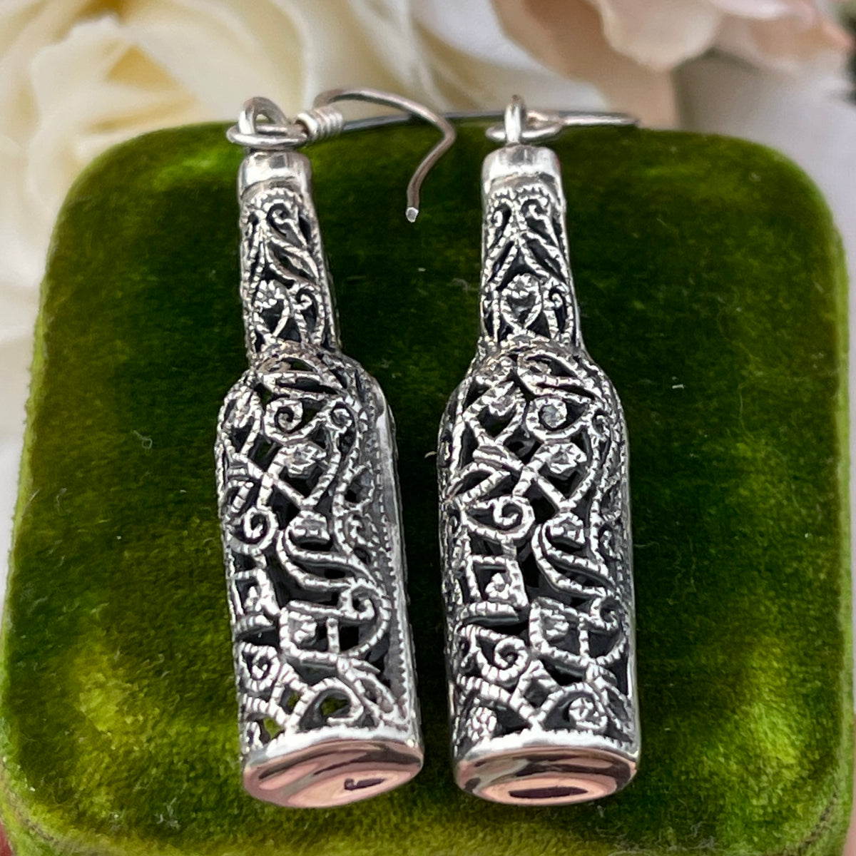 Vintage Sterling Silver Filigree Wine Bottle Drop Earrings