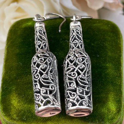 Vintage Sterling Silver Filigree Wine Bottle Drop Earrings