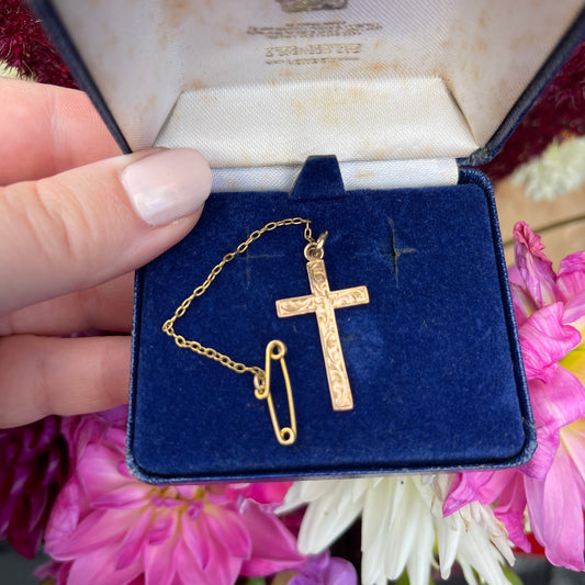 Antique Victorian 9ct Gold Engraved Cross Pendant