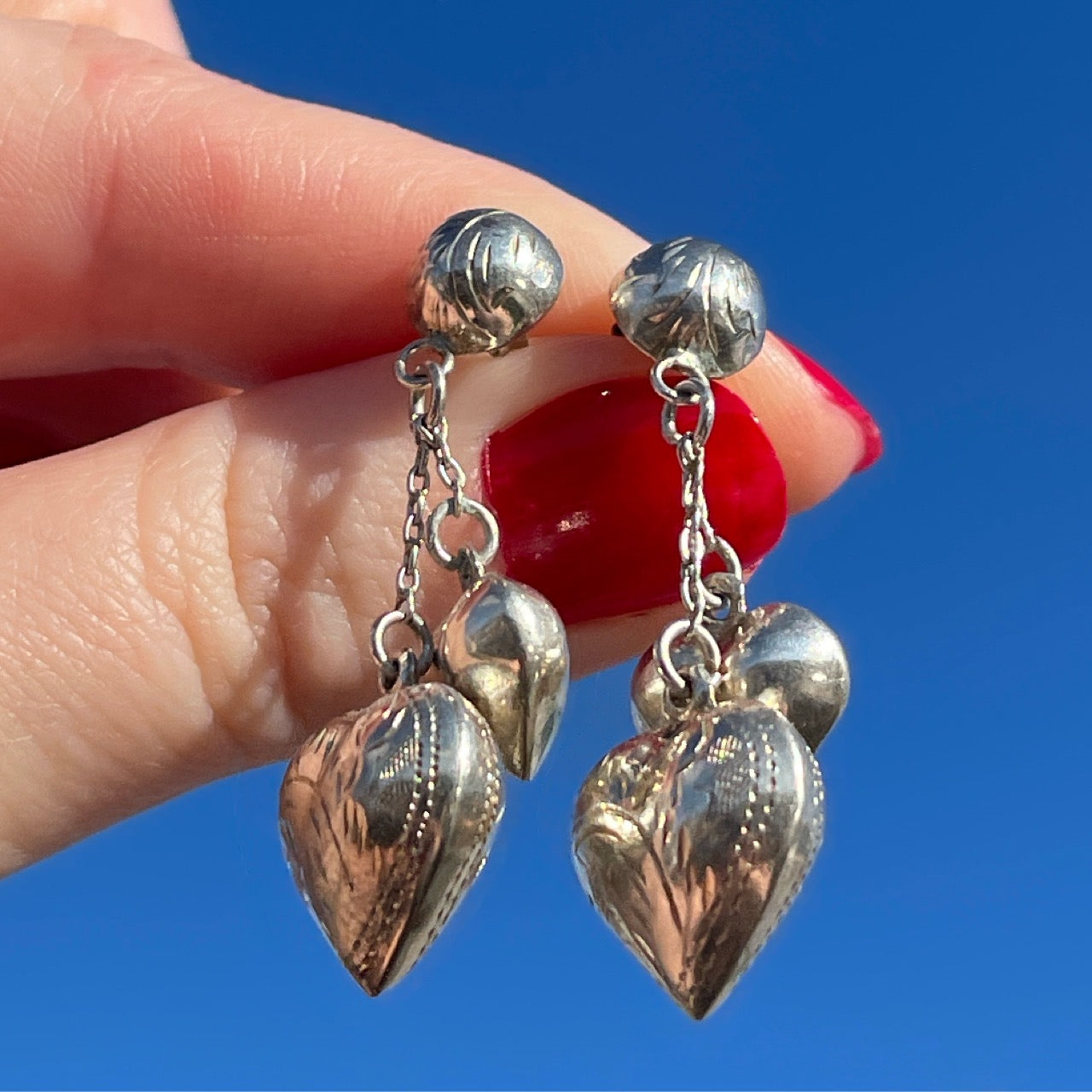 Vintage Silver Puffy Heart Charm Earrings