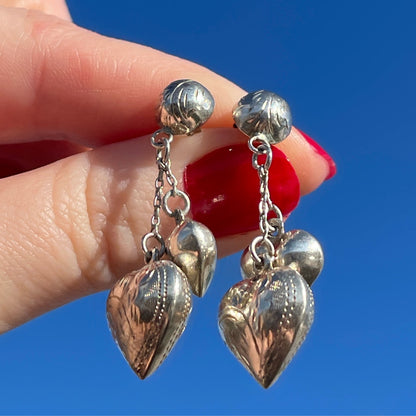 Vintage Silver Puffy Heart Charm Earrings