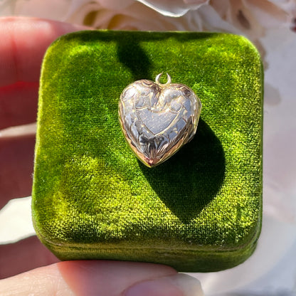 Antique Victorian 9ct Rolled Gold Heart Engraved Locket Pendant Yellow Puffy 1890 1.5g
