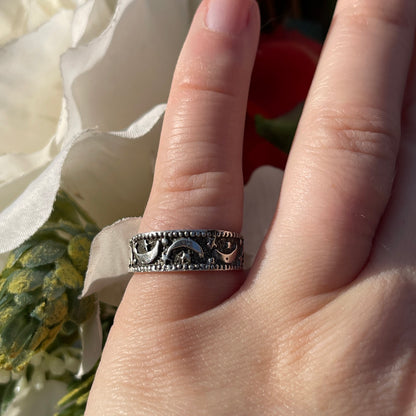 Vintage Sterling Silver Celestial Moon & Stars Ring L