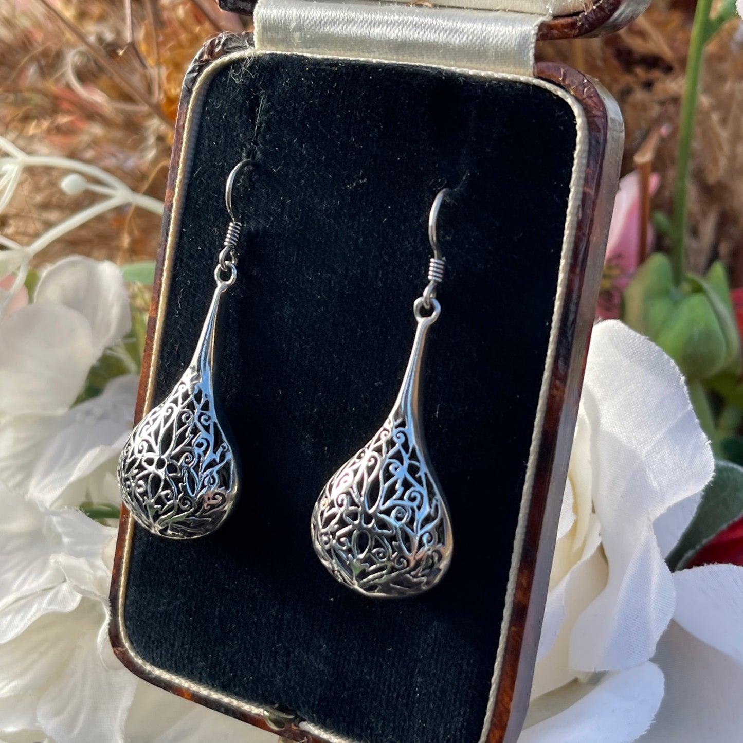 Vintage Sterling Large Open work Filigree Tear Drop Dropper Earrings