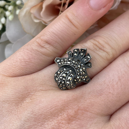 Unreleased: Art Deco Sterling Silver Marcasite Twist Fan Ring M
