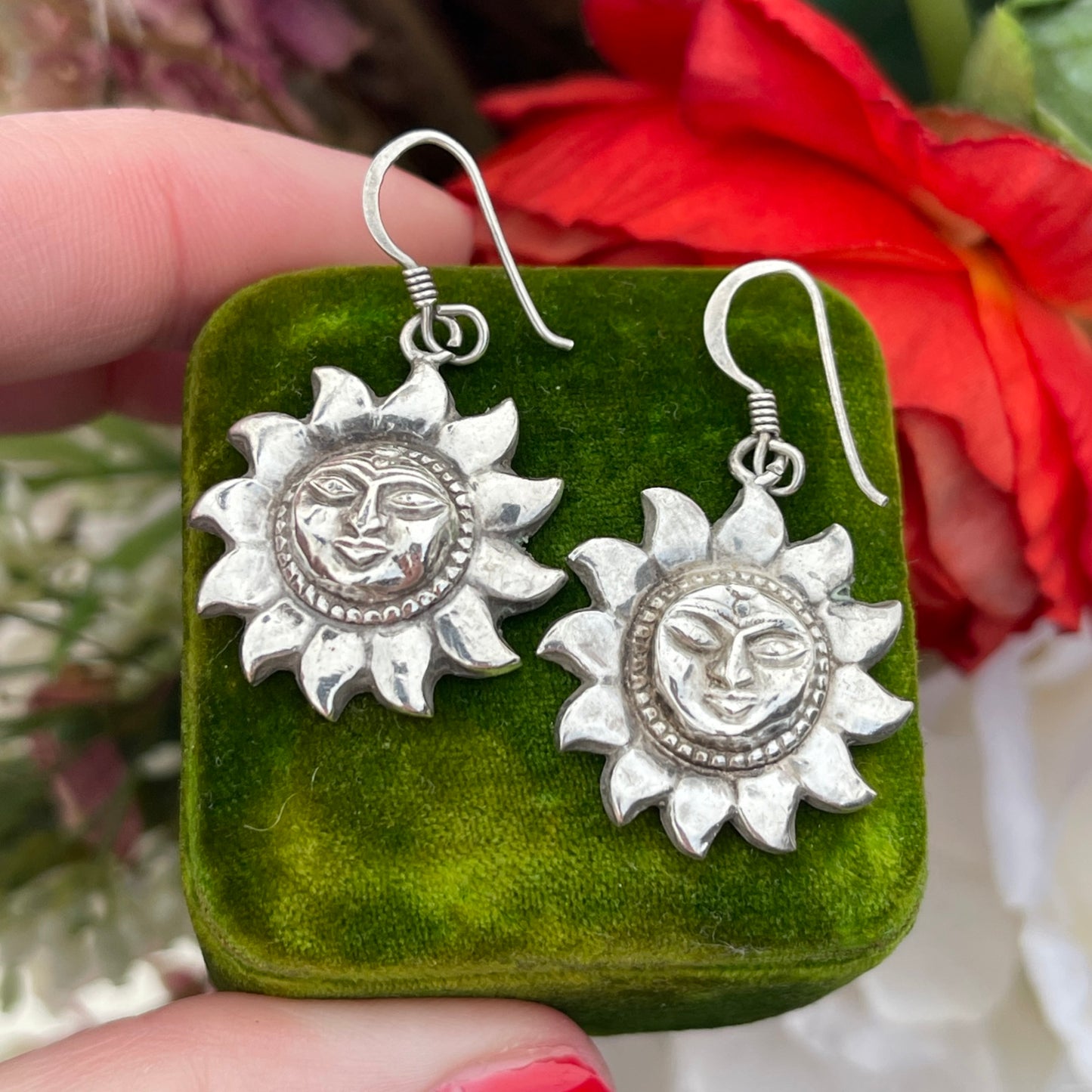 Vintage Sterling Silver Sun Face Earrings Celestial 90s