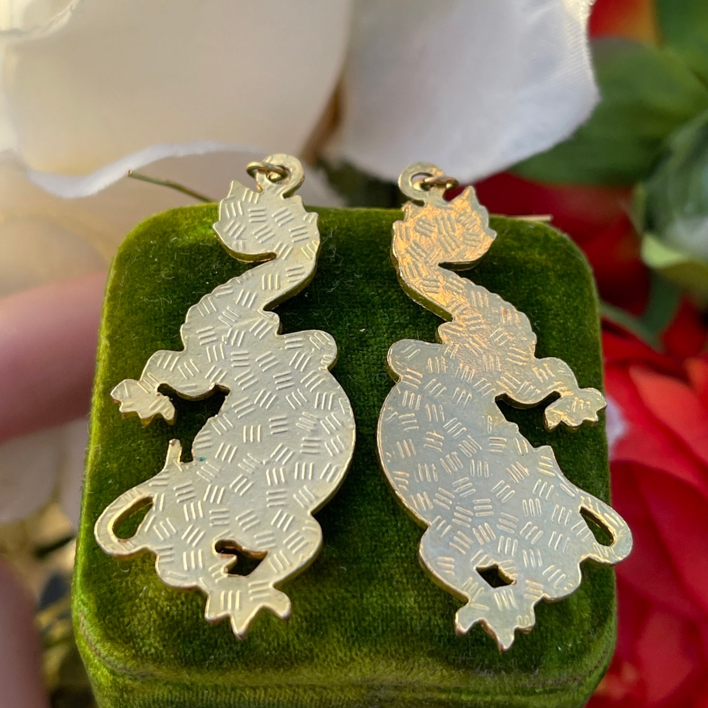 Vintage Cloisonné Mystical Black Grey Dragon Dropper Earrings